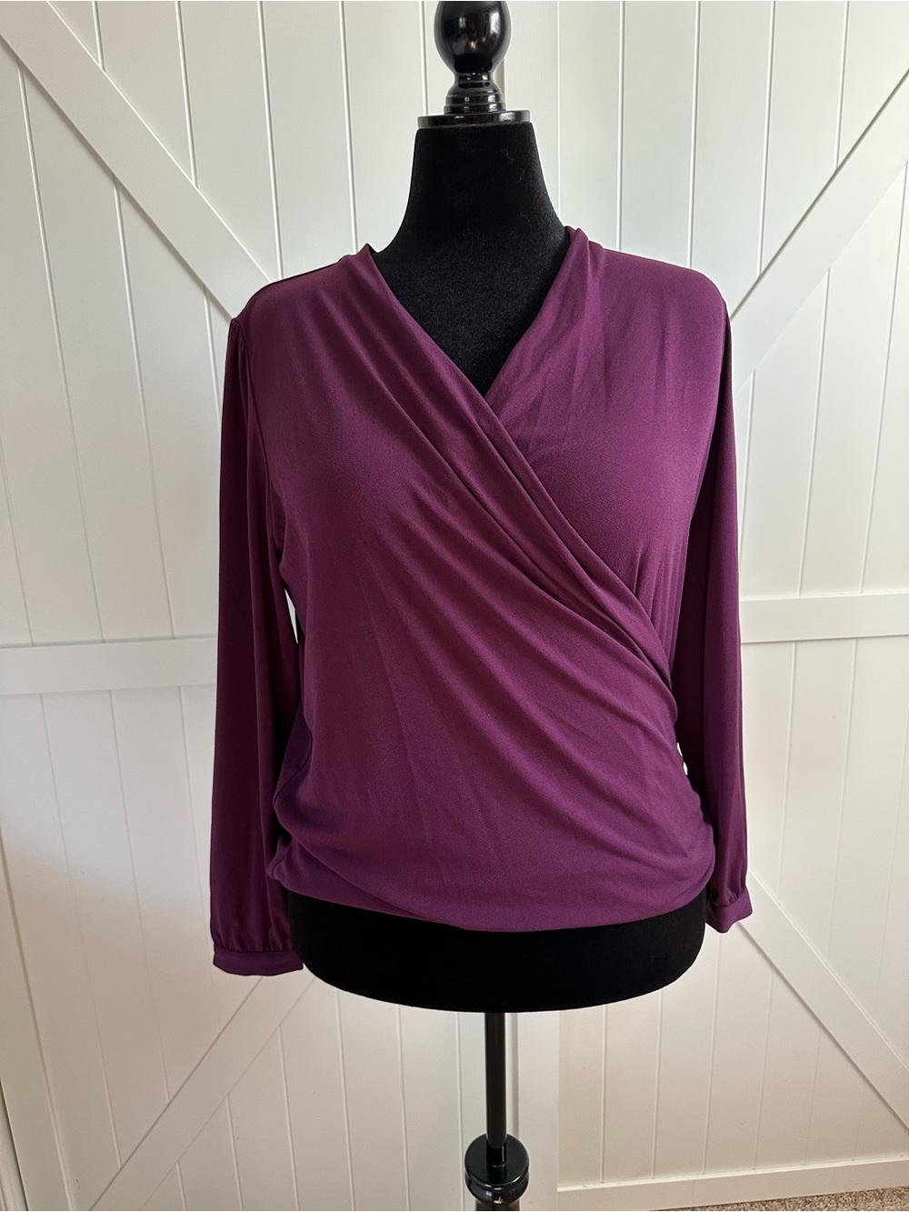 White House Black Market Large Plum Noir Faux Wrap Long Sleeve Blouse NWT